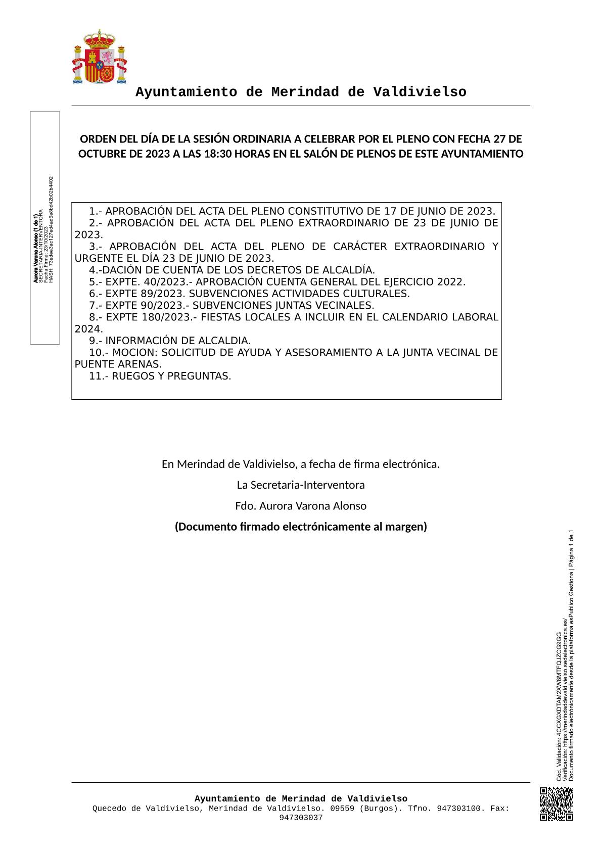 ORDEN DEL DÍA SESIÓN ORDINARIA 27/10/23