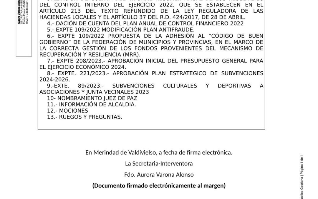 ORDEN DEL DÍA SESIÓN 12 ENERO 2024