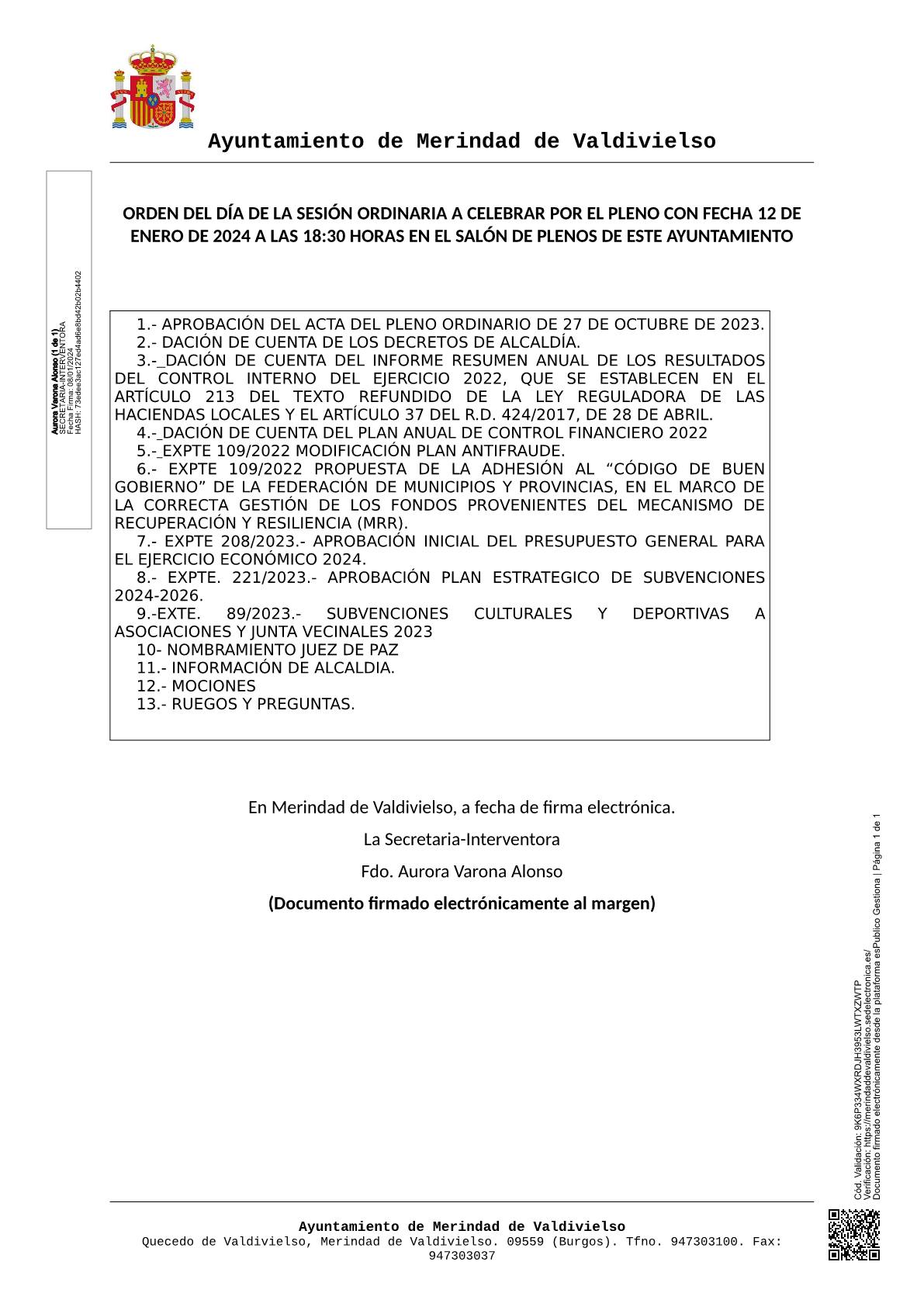 ORDEN DEL DÍA SESIÓN 12 ENERO 2024